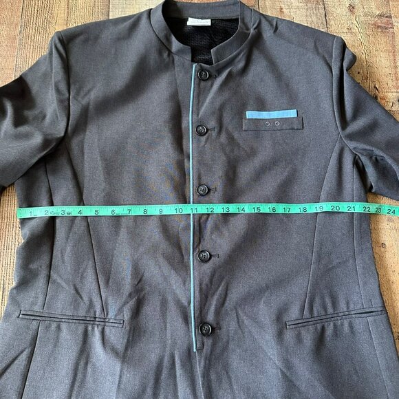 Mens Gray Mandarin Collar Blazer With Blue Trim & Button Details Size L - Picture 2 of 6